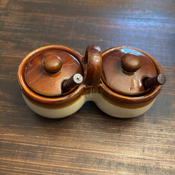 Vintage Brown Stoneware Double Condiment Crock Set with Lids/Spoons - Picture 1 of 3